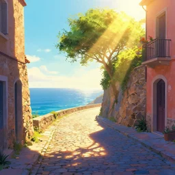 a lonely cobblestone street with a tree on a cliff over the sea, brightly illuminated by rays of sun, artstation, colorful sylvain sarrailh illustration, multiple point perspective