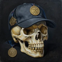 a painting of a skull with a baseball cap and medallion, intricate, dark colour scheme