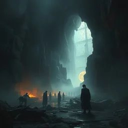 a place where lost souls gather, melancholic, dramatic, emotional, cinematic, high detail, masterpiece by craig mullins, ruan jia, beksinski, caravaggio, jakub rebelka, android jones