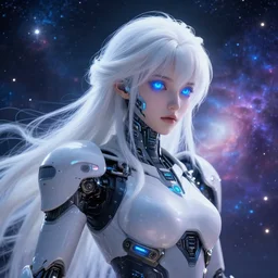 photo of a android girl on a mothership, warframe armor, beautiful face, scifi, nebula, futuristic background, galaxy, raytracing, dreamy, focused, sparks of light, pure, long white hair, blue cyborg eyes, glowing, 8 k high definition, insanely detailed, intricate, innocent, art by akihiko yoshida, li zixin, woo kim