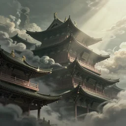 cyberpunk chinese ancient architecture, muted color, cornices of ancient buildings in the tang dynasty, art by dangiuz, gorgeous clouds, god rays, fantasy lighting, octane render, ureal engine, japanese animation, mist, hyperdetailed,.