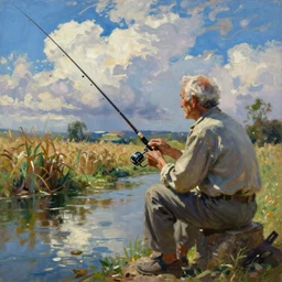 elderly man intent on fishing with a fishing rod in a river. around a cane field, light clouds in the blue sky, finely painted in oil in impressionistic style