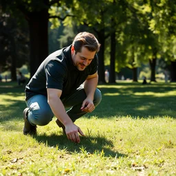 photo still of christian bale touching grass, 8 k, sunny day in a park