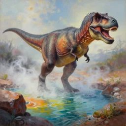 highly detailed oil painting of a tyrannosaurus rex in a steaming colorful hotspring stream, featured on artstation