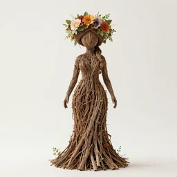 anthropomorphic tree woman sculpture made from twigs wearing a crown made of flowers and leaves