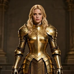 front centered symmetrical RPG avatar portrait, Elisha Cuthbert as a paladin, blonde hair, gold armour, dramatic lighting, cinematic, establishing shot, high detail, photo realistic, cinematic lighting, post processed, 8k, concept art, artstation, matte painting, in the style of eddie mendoza, raphael lacoste, alex ross