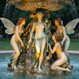 3 nymphs circling a fountain, detailed, 4 k, beautifully lit