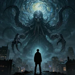 man is seeing old god eldritch horror cthulhu terrifying the night sky of a city, epic scene, hyper - detailed, gigantic cthulhu, photo - realistic wallpaper, dark art, van gogh style