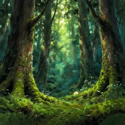 beautiful ancient forest, matte painting, beautifully painted, beautiful lighting, enchanted forest, jeremy lipking, studio ghibli, princess mononoke, 8 k, rays of light, amazing detail, princess mononoke background paintings, hayao miyazaki, kazuo oga, enchanted lighting, high contrast, rule of thirds, bright green moss, japanese woodblock prints