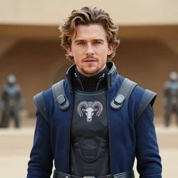 medium face shot of adult Austin Butler dressed in futuristic-tudoresque black-prussian blue garb with embroidered-Ram-emblem, and nanocarbon-vest, in an arena in Dune 2021, XF IQ4, f/1.4, ISO 200, 1/160s, 8K, face in-frame