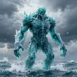 giant creepy monster made of water, made of liquid, rising up from ocean, water armor, high detail, high contrast, close up portrait, studio lighting, stormy seas, beautiful, bokeh, snowy, storm clouds, god rays, d & d, fantasy, elegant, aquamarine color palette, concept art, roger deakins and greg rutkowski and alphonse mucha