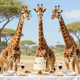 three giraffes having a cool birthday party, photo, highly detailed