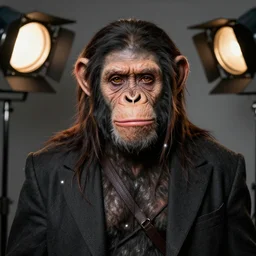 Jared Leto in Elaborate Rick Baker makeup As the Chimpanzee Cornelius in Planet of the Apes, he is wearing a costume designed by Sandy Powell, Studio Lighting, Highly detailed facial prosthetics, Trending on Artstation, Studio Lighting