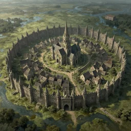 high airborne view of a downtrodden medieval town by a river in a swamp surrounded by a massive magic barrier, 4k, by Greg Rutkowski, fantasy, mix of celtic and Rus architecture, cinematic
