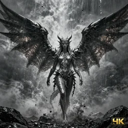 winged lilith the mother of all monsters, raining ash, fine art masterpiece, highly detailed dino valls wayne barlowe machiej kuciara, dramatic lighting, long shot, wide angle, uhd 8 k, sharp focus