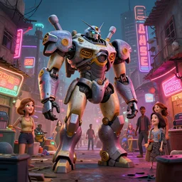 stylish caricature art of a bustling neon lit ajegunle slum in nigeria, mecha, photographed by vivian maier, unreal engine 3 d vfx render, digital illustration by mike winkelmann & tadanori yokoo, intricate detail, volumetric light, ray tracing, soft light, colourful, claymation, wide angle, acrylic, cinestill, rule of thirds,