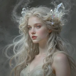 instrument of life, fractal silk, fractal crystal, beautiful feminine portrait of kim petras, delicate, beautifully lit, athena inspired, muted colors, highly detailed, artstation, long hair, fantasy art by craig mullins, by thomas kinkade, by ruan jia, by wlop,