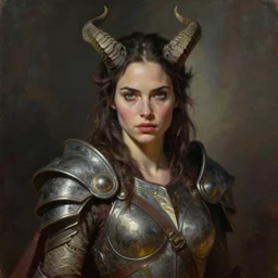 a beautiful woman gal gadot with horns and armor, painted by artgerm and tom bagshaw, fantasy art, dramatic lighting, highly detailed oil painting
