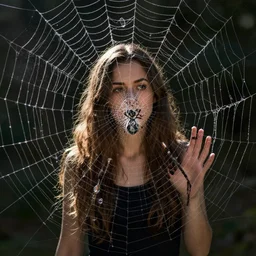photo of a woman trapped in giant spider web