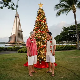 christmas in hawaii by james gilleard and liam wong and jeremy mann, extra wide angle