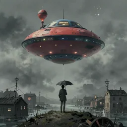 a realistic and atmospheric cell - shaded concept art from howl's moving castle ( 2 0 0 4 ) of a multi - colored ufo in the air. a man with an umbrella is standing in a flooded city. it is a misty starry night. very dull muted colors, hd, 4 k, hq