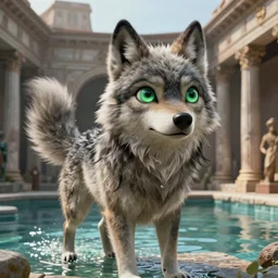 A scene from a CGI sci-fi film showing a lifelike anthropomorphic wolf girl(with long hair and cute big green eyes, tail raised, concerned expression, anthro wolf face, very fluffy and furry) standing in a pool in Ancient Rome, shot in wide angle, soft light with photorealistic lighting.