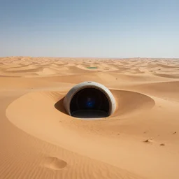 intergalactic stargate portal in the middle of a vast desert, with dunes stretching out as far as the eye can see, and a single oasis in the distance by thomas kinkaid