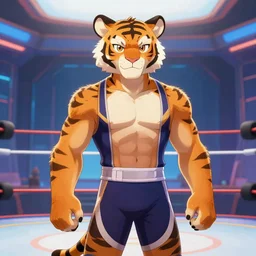 character portrait of a male anthro Tiger fursona wearing a wrestling costume in a futuristic wrestling ring. Character design by charlie bowater, ross tran, artgerm, and makoto shinkai, detailed, inked, western comic book art