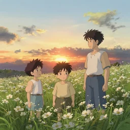 sunset, white flower field, cute boys, in the style of studio ghibli, j. c. leyendecker, greg rutkowski, artgerm