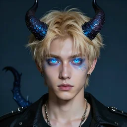 a blond young man with luminescent glittering blue eyes and demon horns and a spiked tail. By Peter Mohrbacher