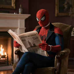 in a cozy dark room spider - man dressed as an aristocrat reads a newspaper and sits on an armchair by the fireplace, realistic light, soft light, focus, depth of field, photorealism, 8 k quality, high quality, realistic style, classicism painting