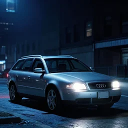 Audi A4 B6 Avant (2002), a gritty neo-noir, simon stalenhag, Max Payne (PC) (2001) winter new york at night, dramatic bright lighting, cinematic, establishing shot, extremely high detail, photorealistic, cinematic lighting, artstation, by simon stalenhag, dark night, bright lights, eldritch horror, dark blue filter
