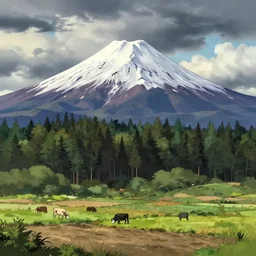 landscape drawing of mount taranaki, with forest in the mid - ground, farmland in the foreground, cows grazing on the farmland, dramatic clouds, anime style w - 1 0 2 4