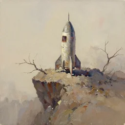 abandoned dirty tiny rocket ship, distant knotted branches, extremely detailed rocky crag, unfinished canvas, dry brush texture, strokes visible, wash