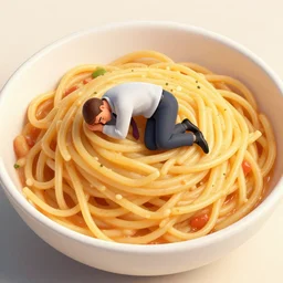 a tiny business man lying in a fetal position in a huge bowl of spaghetti, detailed digital art