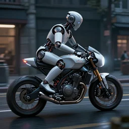 a cybernetic robot driving a futuristic cafe racer motorcycle through dark and moody city streets, unreal engine 5 render, 8 k, ultra - detailed, photorealistic,