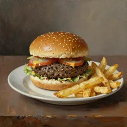 still, oil painting, hamburger and french fried by rembrant