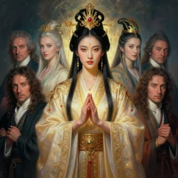 symmetrical portrait painting, asian shamanic priestess, higher self, fantasy, beautiful, gorgeous, magic, cinematic lighting, hyper realistic, sharp focus, dof, by thomas kinkade, lise deharme, hans zatzka, george stubbs, louis wain, intricate, beautiful, award winning, artstation, pixiv
