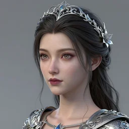 complex 3 d render, ultra detailed, realistic headshot portrait of a beautiful porcelain skin woman, face, wispy, wavy hair worn tied back in a messy bun, wearing fine filigree silver elven circlet, fine filigree breastplate, detailed open eyes, round catchlights, flowers in hair, mauve lips, 5 0 mm lens, beautiful,