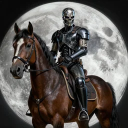 A hyper real comic book style portait painting of the Terminator riding a horse on the moon, unreal 5, hyperrealistic, octane render, cosplay, RPG portrait, dynamic lighting