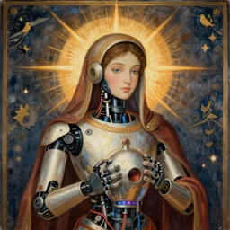 Persian miniature portrait of a robot saint made of cables and robotic pod