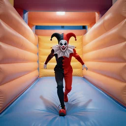 chased by a creepy jester in an endless corridor made of bouncy castle, photo