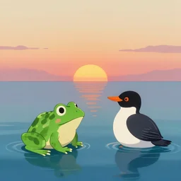 independent picture scenery artwork in style by svebeck & tamasaki, rendering of 🐸 and 🐥 talking on the calm sea, sunset, few clouds, matte painting, trending on artstation and unreal engine