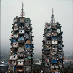 two towers, made up of makeshift squatter shacks, misty, dystopia, mamiya rb 6 7, fully frontal view, very detailed, digital glitches, photographed by ansel adams