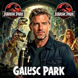 hyperrealistic portrait of jeff goldblum as ian malcolm raiding a velociraptor in the jurassic park gate portal. by jeremy mann and alphonse mucha, fantasy art, photo realistic, dynamic lighting, artstation, poster, volumetric lighting, very detailed faces, 4 k, award winning