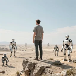 “last human standing on a cliff overlooking a wasteland of robots in photorealistic quality”