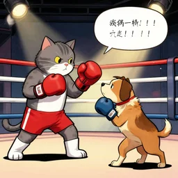 cat with boxing gloves in a boxing match with a dog with boxing gloves, comic book