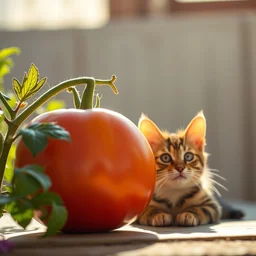 photo of giant [ tomato ] next to a cat taken with canon eos - 1 d x mark iii, bokeh, sunlight, studio 4 k