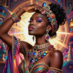 the portrait of the absurdly beautiful, graceful, elegant, gorgeous, fashionable photorealistic black female made with colorful jewelry, an ultrafine hyperdetailed photograph by irakli nadar, intricate linework, bright colors, octopath traveler, final fantasy, unreal engine highly rendered, global illumination, radiant light, intricate environment