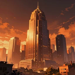 city in the style of cyberpunk, singular gigantic building focus, space sky, anime illustration, orange, orange